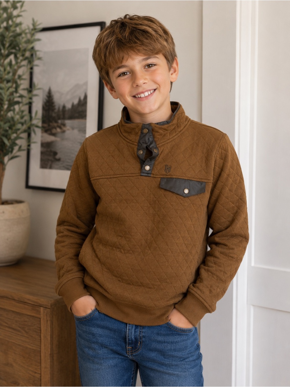 Heybo Boys Quilted Pullover L Brown Snap Neck Outdoor Sweatshirt